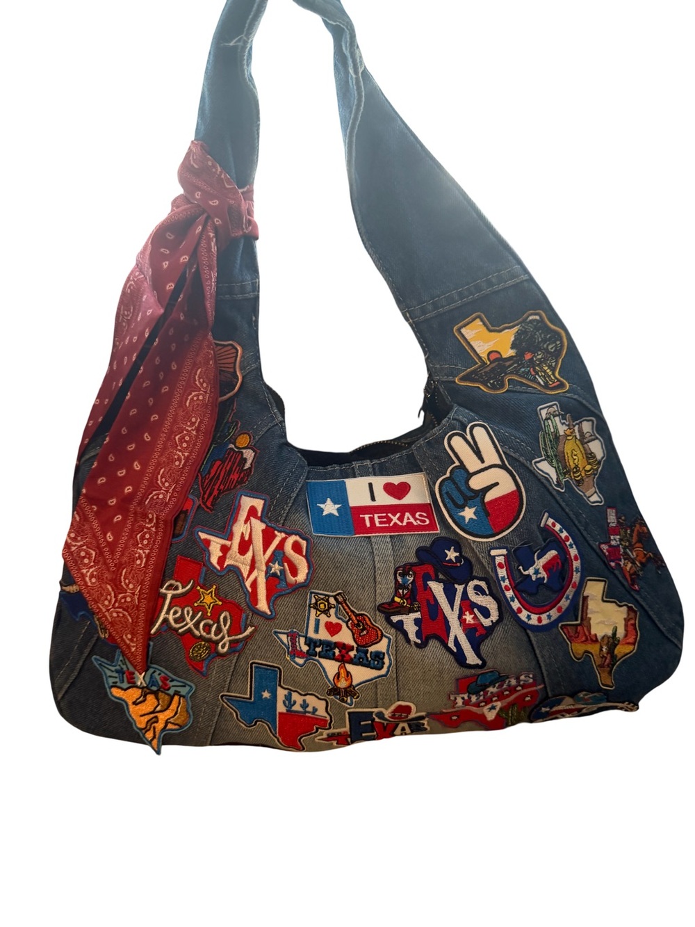 Denim Texas Patchwork Shoulder Bag with Red Bandana Accent